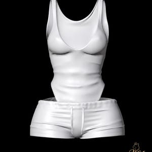 May include: A solid white sleeveless tank top with a deep scoop neckline paired with matching white shorts featuring an elasticated waistband and a drawstring cord. The set is presented against a plain black background with a small KM logo in the corner.