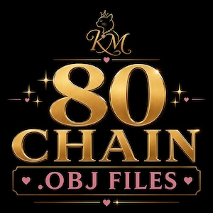 May include: A digital graphic on a black background featuring the gold text 80 CHAIN .OBJ FILES. Above the text is a gold cat silhouette wearing a crown and necklace, with the letters KM below. Small pink hearts and gold stars accent the design.