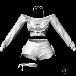 Puede incluir: Un conjunto de dos piezas blanco que consta de una parte superior de manga larga con hombros descubiertos, tirante al cuello y pantalones cortos a juego con detalles de cordones laterales. Incluye una cinta para el pelo con un pequeño logo.