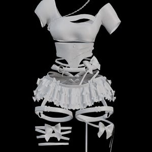 May include: A white two-piece outfit consisting of a short-sleeved top with a cutout neckline and a ruffled skirt. The set features decorative bows, multiple straps, and a thin metal chain draped across the chest and waist area.