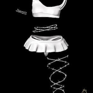 May include: A white one-shoulder crop top, a pleated mini skirt, and several lengths of silver-toned barbed wire accessories. The set includes a small barbed wire loop, a waist-wrapping piece, and a long leg-wrapping piece against a black background.