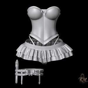 May include: A light grey 3D digital model of a strapless corset top with a small bow at the centre, a ruffled skirt, and a garter belt accessory featuring a holster and a small bow. The design includes small separate components on the sides.