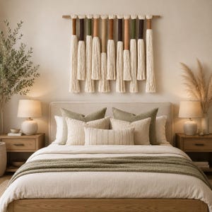 May include: A wall hanging featuring a series of vertical fiber tassels in shades of cream, brown, tan, and olive green, suspended from a horizontal wooden rod. The tassels are arranged in varying lengths, creating a layered, textured appearance.