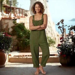 Boho-Leinen-Jumpsuit für Damen, lockere Passform, verstellbare Träger, Latzhose mit weitem Bein, Sommerurlaub, lässiges Outfit, Geschenk für Sie