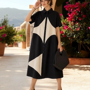 Patchwork Shirt Dress for Women, Black Oversized Cotton‑Blend Midi Dress, Button‑Front Loose‑Fit Casual Plus‑Size Summer Dress