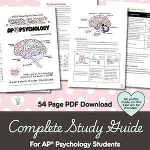 May include: A 54-page digital study guide for AP Psychology by Chaeyoung Hong. The document features a brain diagram, text on neural firing, split-brain research, and cognitive development tables. The cover includes the title and exam year.