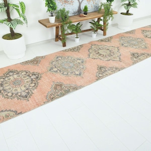 Tapis vintage 3x13, tapis turc neutre, tapis Oushak fait main 3x13, long tapis anatolien, tapis cadeau noué à la main, tapis délavé, 415