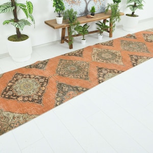 Tapis vintage 3x12, tapis turc neutre, tapis Oushak fait main 3x12, long tapis anatolien, tapis cadeau noué à la main, tapis délavé, 444