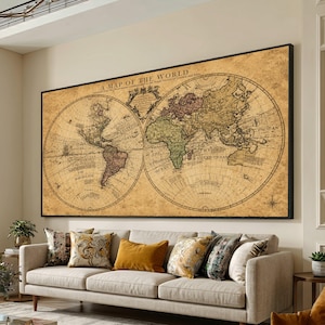 Vintage wereldkaart op canvas, antieke globe als wanddecoratie, historische reisdecoratie