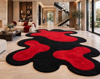 Tapis abstrait moderne, motif organique noir et rouge, décoration contemporaine pour salon