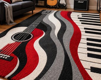 Tapis musical, tapis guitare et piano, tapis de sol moderne rouge, noir et blanc