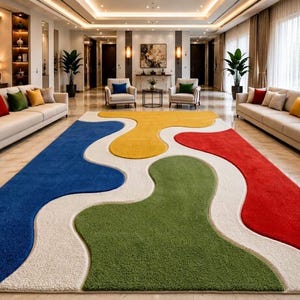 Peut inclure: Un grand tapis rectangulaire pr&eacute;sentant un motif abstrait audacieux avec des formes fluides et organiques dans des couleurs primaires vives, notamment le bleu, le jaune, le vert et le rouge, sur un fond blanc cass&eacute; textur&eacute; &agrave; poils longs.