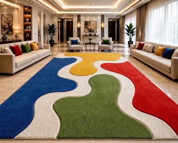 Hand Tufted Wool Rug, Modern Abstract Carpet, Blue Red Yellow Green Living Room Decor