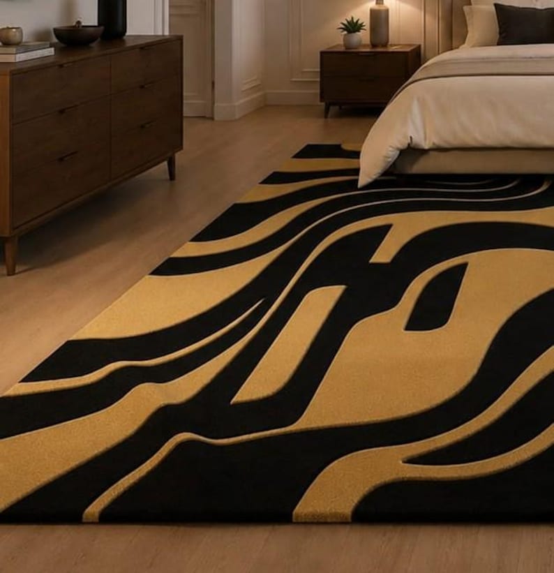 Hand Tufted Wool Rug – Abstract Black Gold Modern Carpet (custom Size ...