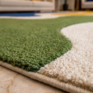 Peut inclure: Un tapis textur&eacute; pr&eacute;sentant des formes organiques et fluides dans des tons vert olive, cr&egrave;me et bleu. Le tapis poss&egrave;de une construction &agrave; poils touffet&eacute;s &eacute;pais avec un bord fini, mettant en valeur une texture de surface douce et moelleuse.