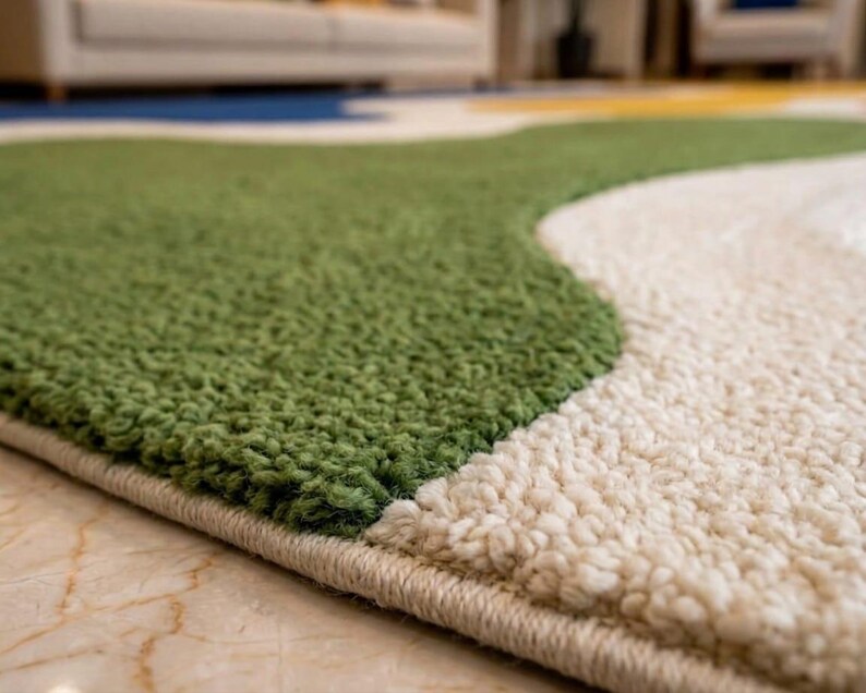 Peut inclure: Un tapis textur&eacute; pr&eacute;sentant des formes organiques et fluides dans des tons vert olive, cr&egrave;me et bleu. Le tapis poss&egrave;de une construction &agrave; poils touffet&eacute;s &eacute;pais avec un bord fini, mettant en valeur une texture de surface douce et moelleuse.
