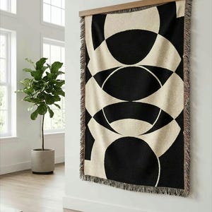 Bauhaus Geometric Cotton Tapestry, Monochrome Wall Hanging, Mid-Century Throw Blanket