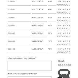 Op de afbeelding: Een zwart-wit printbaar workout tracker blad met de titel Workout Tracker, een datumregel en zeven rijen voor oefening, spiergroep en herhalingen. Bevat cirkels voor de dagen van de week, water-trackers en twee kettlebell-pictogrammen.