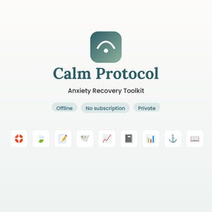 May include: A digital interface for the Calm Protocol Anxiety Recovery Toolkit. The design features a green app icon, the text Calm Protocol, and the subtitle Anxiety Recovery Toolkit. Below are three pill-shaped buttons labeled Offline, No subscription, and Private, followed by a row of nine small square icons including a lifebuoy, leaf, pencil, dove, chart, book, bar graph, anchor, and open book.