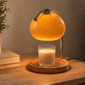 Ljusvärmare i krämfärgat glas med naturlig träbas, smält vaxlampa, 35W värmelampa, modern heminredning, present till skolstart