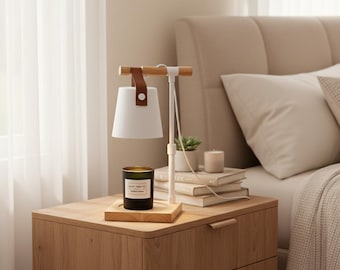 Wood Candle Warmer Lamp Metal Frame Leather Accent Wax Melt Warmer Minimalist Table Lamp Modern Home Decor Gift for Candle Lovers