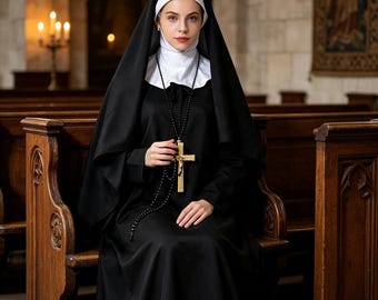 Nun Costume Women, Gothic Nun Dress, Halloween Cosplay Outfit, Adult Sister Costume, Horror Roleplay Robe, Carnival Party Costume