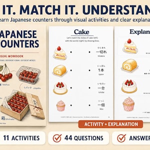 May include: A Japanese counters visual workbook featuring a cover with cherry illustrations and text, alongside two interior pages showing cake-themed matching activities and explanations with Japanese characters, English translations, and illustrations.