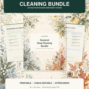 Peut inclure: Un système de nettoyage saisonnier de 32 pages illustré de motifs floraux et botaniques. Le document comprend une page de couverture intitulée Seasonal Deep Cleaning Bundle, ainsi que deux pages intérieures intitulées Spring Reset at a Glance et Reset at a Glance, au format A4 et US Letter.
