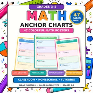 May include: A digital educational resource titled Math Anchor Charts for grades 3-5, featuring 47 colourful math posters. The display includes three sample pages covering place value, multiplication strategies, and fractions, with text and icons.