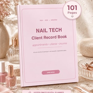 Könnte beinhalten: Ein hellrosa digitaler Planer für Nageldesigner mit dem Titel NAIL TECH Client Record Book. Das Cover enthält den Text 2026-2030, 101 Pages, appointments, clients, income und all your clients & bookings in one beautiful, hyperlinked place.