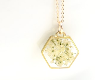 Pressed Flower Necklace Resin & Real Flowers in Gold Hexagon Gift for Mothers Day Bridesmaids • Customize with Your Flowers