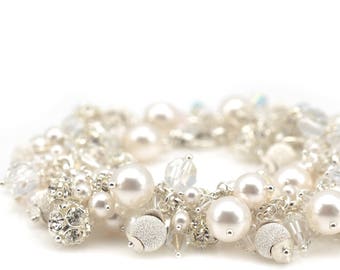 Pulsera de perlas en racimo / Pulsera de cristal / Pulsera nupcial / Joyas de boda / Joyas de cristal / Perlas y cristales austriacos auténticos