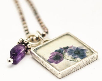 Purple Flower Necklace | Vintage Floral Pendant | Sterling Silver Necklace | Classic Jewelry | Square Pendant Necklace | Dainty Accessory