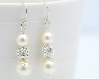 Pearl Rhinestone Earrlings Swarovski White Pearl Drop Earrings Sterling Pearl Elegant Earrings | Ships in ONE Day