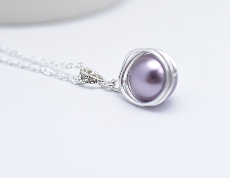 Lavender Pearl Necklace Swarovski Pearl Wire Wrapped Necklace Elegant Pearl Birds Nest Necklace image 2