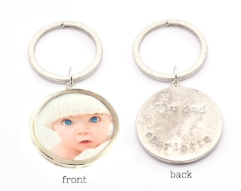 Personalized Key Chain with Photo and Hand Stamped Message on Back • Christmas Gift For Dad • New Baby Gift • Photo Keychain for Mom