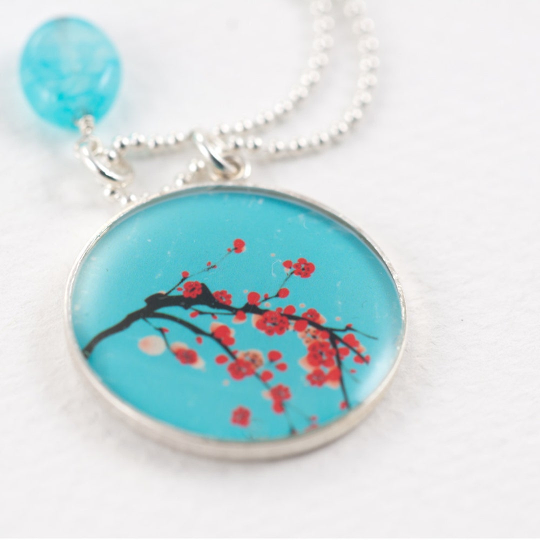 Cherry Blossoms Necklace Aqua Red Flower Necklace Japanese Etsy
