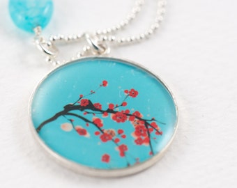 Cherry Blossoms Necklace | Aqua Red Flower Necklace | Japanese Style Pendant in Sterling Silver