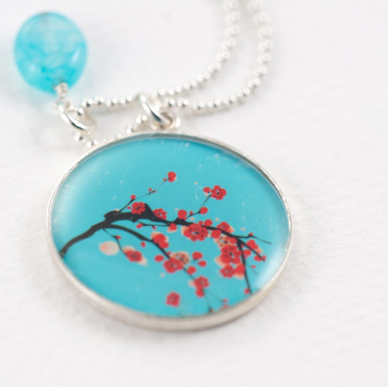 Cherry Blossoms Necklace Aqua Red Flower Necklace Japanese Etsy