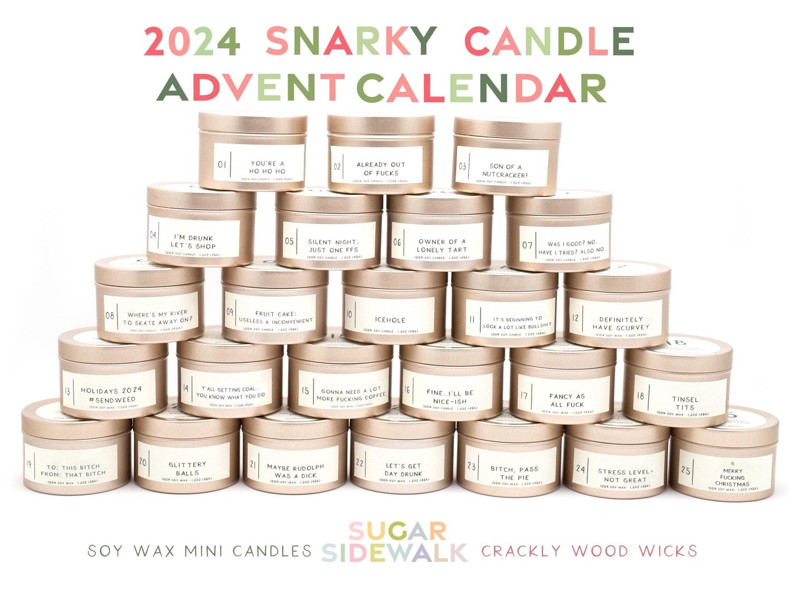 2024 Candle Advent Calendar • Snarky Advent Calendar for Adults • 25 Funny Candles + 25 Holiday Themed Scents • Hilarious Gift for Bestie