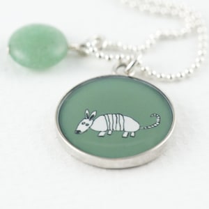 Armadillo Necklace | Olive Green Armadillo Pendant | Sterling Silver Aardvark Necklace