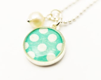 Polka Dot Necklace | Sweet Simple Necklace | Teal White Polka Dot Necklace with Pearl Gemstone Drop