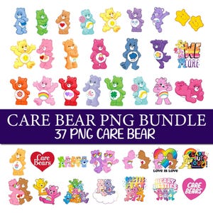 May include: A digital collection of Care Bear illustrations featuring various colorful bears with unique belly badges, heart-shaped logos, and text graphics including "CARE BEAR PNG BUNDLE," "WE CARE," "LOVE IS LOVE," "BESTIES FEST," and "BEARY BESTIES."