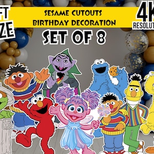 May include: A set of 8 Sesame Street character cutouts including Oscar the Grouch in a trash can, Elmo, Count von Count, Abby Cadabby, Cookie Monster, Ernie, Bert, and Big Bird. The text reads 4 FT SIZE, SESAME CUTOUTS BIRTHDAY DECORATION, SET OF 8, 4K RESOLUTION.
