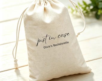 Custom Bachelorette Hangover Kit Bag, Personalized Just in Case Drawstring Pouch, Bridal Party Favor, Cotton Muslin Hen Party Survival Gift