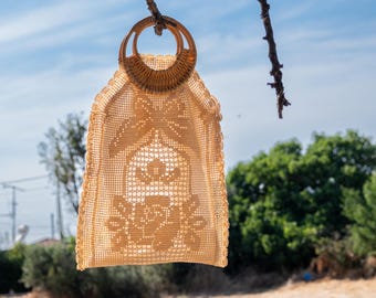 Bolso de mano vintage de ganchillo hecho a mano, tapete de encaje griego, estilo bohemio, bolso de viaje "Penelope".