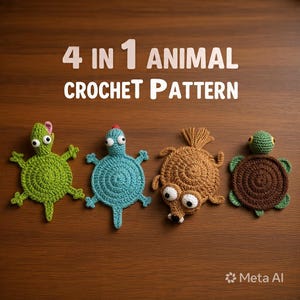 May include: Four crocheted animal figures arranged in a row, including a green turtle, a blue turtle, a brown creature with a tail, and a brown and green turtle. The text 4 IN 1 ANIMAL CROCHET PATTERN is displayed in white above the four figures.