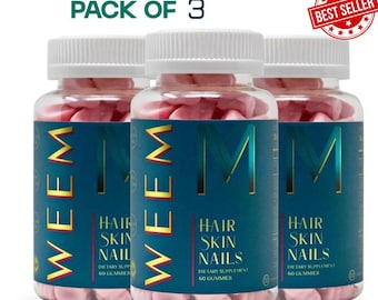 Pack of 3 WEEM Hair Skin and Nails Gummies Vegan Biotin Vitamins 60 Gummies Healthy Beauty Support USA Ship