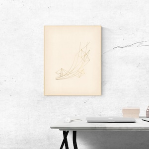May include: A rectangular wall art print featuring a cream-colored background with a gold-toned geometric line drawing. The design consists of interconnected thin lines and small dots forming abstract, angular shapes that curve upward.