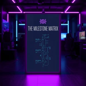 May include: A rectangular digital display panel featuring a dark blue background with a neon purple Bitcoin icon at the top. The text reads THE MILESTONE MATRIX, followed by a vertical infographic diagram with lines and labels for three phases.